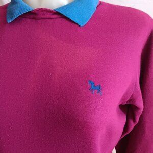 Women's Small Vintage 80's Sweatshirt Magenta Blue Collar Embroidered Horse Logo